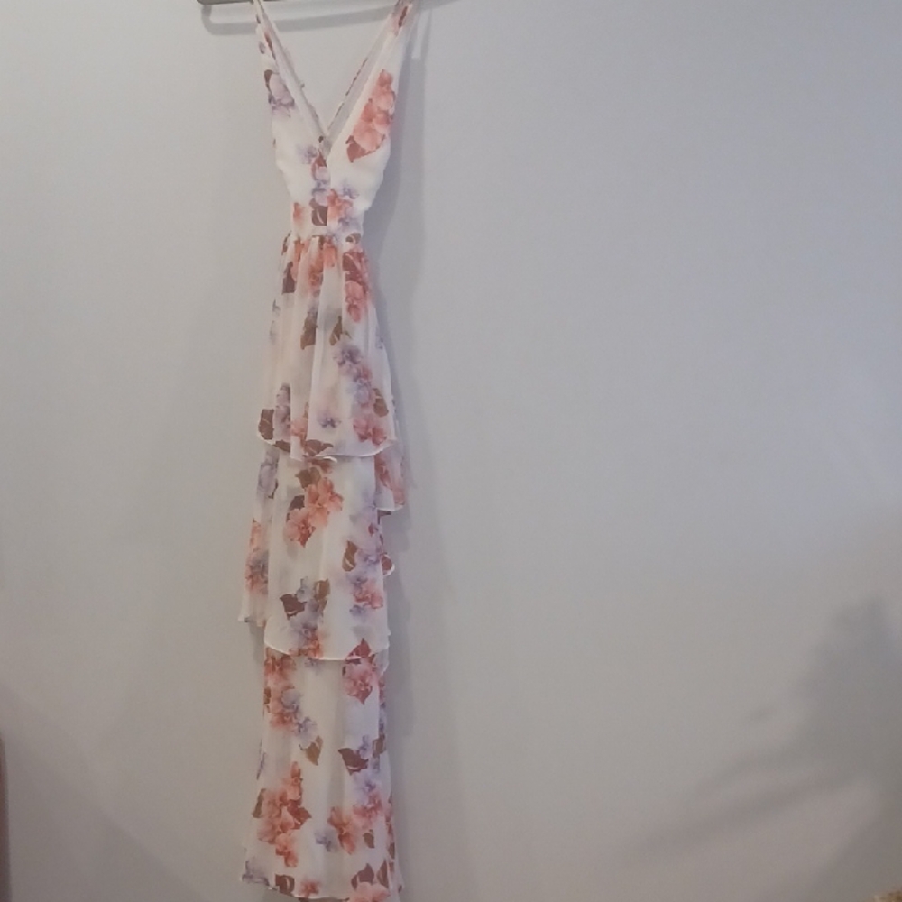 White Floral V-Neck Tiered Maxi Dress with Pink Accents